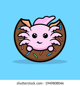 Cute oxolotl eating donut cartoon character