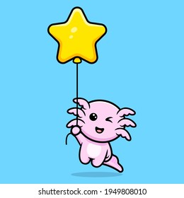 Cute oxolotl floating with star balloon cartoon character