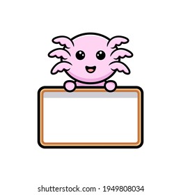Cute oxolotl holding blank text whiteboard cartoon character