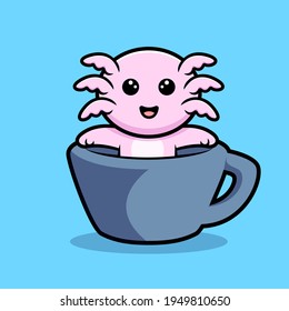 Cute oxolotl inside cup cartoon character