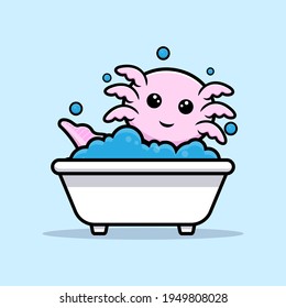 Cute oxolotl playing on bathtub cartoon character