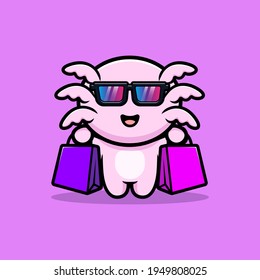 Cute oxolotl with shoping bag  cartoon character