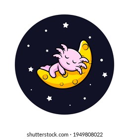 Cute oxolotl sleeping on moon cartoon character