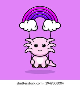 Cute oxolotl swinging on sky cartoon character