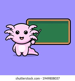 Cute oxolotl teacher with blank chalkboard cartoon character