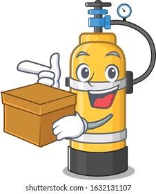 Cute oxygen cylinder cartoon character having a box