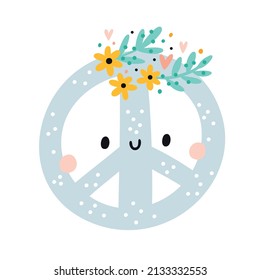 Cute pacific sign. Peace emblem with flowers and hearts. Baby character cartoon pacifist symbol. Antiwar illustration, love world, keep freedom. World peace day