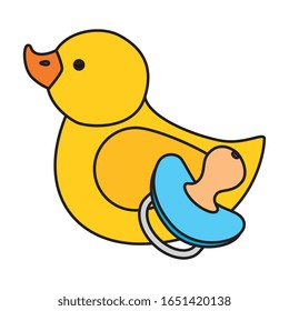 cute pacifier baby with rubber duck isolated icons vector illustration design