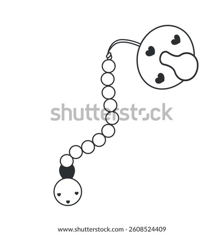 Cute pacifier with heart details and a beaded holder clip. Minimalist black and white baby item design for nursery, baby shower, or children-related themes.