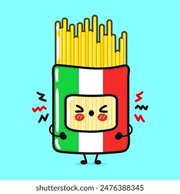 Lindo personaje de Spaghetti pack. Vector dibujado a mano de dibujos animados kawaii personaje ilustración icono. Aislado sobre fondo azul. Concepto de personaje de espagueti lindo enojado