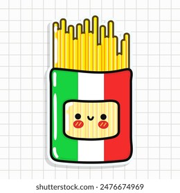 Carácter de pegatina de espagueti lindo paquete. Vector dibujado a mano de dibujos animados kawaii personaje ilustración icono. Happy Pack Spaghetti pegatina concepto de personaje