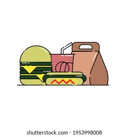 Cute package of burger, hotdog, soda Illustration. junk food. fast food. modern simple food vector icon, flat graphic symbol in trendy flat design style.