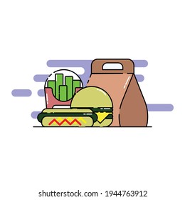 Cute package of cheese burger, hotdog, french fries Illustration. modern simple food vector icon, flat graphic symbol in trendy flat design style.