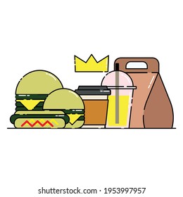 Cute package of fast food family with crown Illustration. junk food. fast food. modern simple food vector icon, flat graphic symbol in trendy flat design style.