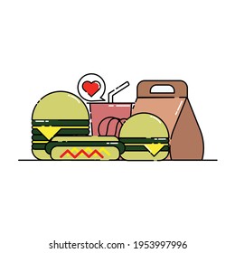 Cute package of soda, burger, hotdog with love Illustration. junk food. fast food. modern simple food vector icon, flat graphic symbol in trendy flat design style.