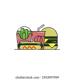 Cute package of soda, hotdog, burger, french fries Illustration. junk food. fast food. modern simple food vector icon, flat graphic symbol in trendy flat design style.