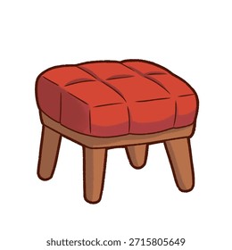 Ilustração de banquinho acolchoado bonito com uma almofada vermelha e pernas de madeira. Simples estilo de desenho animado com sombreamento suave, perfeito para temas de design de interiores, decoração de quarto acolhedor, ilustrações infantis e móveis bonitos.