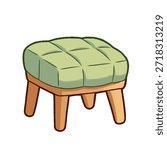 Cute padded stool illustration with soft green cushion and wooden legs. Cozy cartoon-style furniture, perfect for home interior and kids room designs.