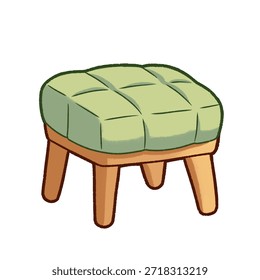 Cute padded stool illustration with soft green cushion and wooden legs. Cozy cartoon-style furniture, perfect for home interior and kids room designs.