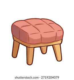 Linda ilustración de taburete acolchado con cojín rosa suave y patas de madera. Muebles acogedores del estilo de la historieta, perfectos para el interior del hogar y diseños lindos de la decoración.