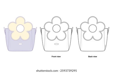 Cute Padded Tote Bag Technical Fashion Illustration. Soft Tote with Oversized Padded Flower Handle Vector Template. kawaii Design. Spacious Interior. Women’s Handbag. CAD Mockup set.