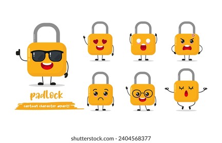 cute padlock cartoon with many expressions. lock character different activity pose vector illustration flat design set with sunglasses.