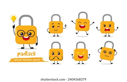 cute padlock cartoon with many expressions. lock character different activity pose vector illustration flat design set.