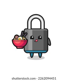cute padlock character eating noodles , cute style design for t shirt, sticker, logo element