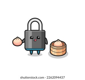 cute padlock character eating steamed buns , cute style design for t shirt, sticker, logo element