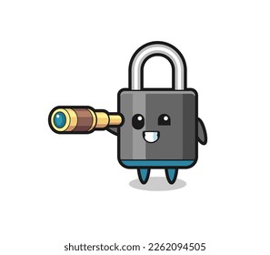 cute padlock character is holding an old telescope , cute style design for t shirt, sticker, logo element