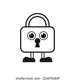 Cute padlock character line icon on white background.