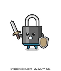 cute padlock soldier fighting with sword and shield , cute style design for t shirt, sticker, logo element