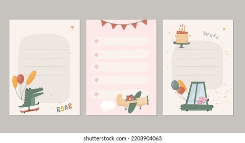 Cute page design for checklist, planner in Scandinavian style with alligator, car and plane. Printable blank paper template. . Vector illustration