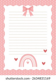 Cute page template for notebook or diary in pink color with rainbow and bow