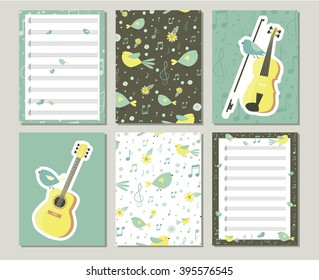 Cute pages. Notebooks, decals, cards, school accessories. Cute design with seamless patterns. Musical instruments. Music. Guitar, violin.
Notes pages and cards with musical instruments and birds