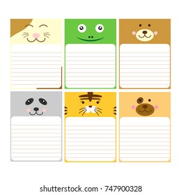 Cute pages for notebooks.Notebooks, decals, diary, cards, school accessories. Stickers with place for text with animal faces.