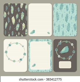 Cute pages for notes with birds and  feathers. Tenderness, softness. Notebooks,decals, diary, school accessories. Seamless patterns with cute tender   feathers. Patterns under mask