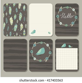 Cute pages for notes with birds and  feathers. Tenderness, softness. Notebooks,decals, diary, school accessories. Seamless pattern with cute tender   feathers. Pattern under mask