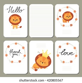 Cute pages for notes with calligraphy and cute little lion. Notebooks, decals, diary, cards, school accessories.