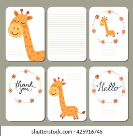 Cute pages for notes with calligraphy and cute little giraffe. Notebooks, decals, diary, cards, school accessories.
