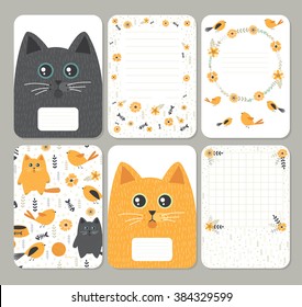 Cute pages for notes with cute cats, birds and  flowers. Notebooks,cards, decals, diary, school accessories. Seamless pattern under mask. Red and black cats. Cute vector cats. Pets. Animals.