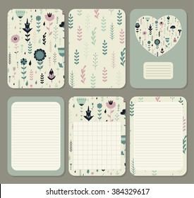 Cute pages for notes with cute delicate flowers and herbs painted by hand.. Notebooks,decals, diary, cards, school accessories. Cute design with floral seamless patterns. Seamless patterns under mask.