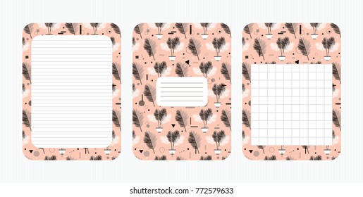 Cute pages for notes with cute delicate palm leaves. Notebooks,decals, diary, cards, school accessories. Cute design with floral seamless patterns. Seamless patterns under mask.