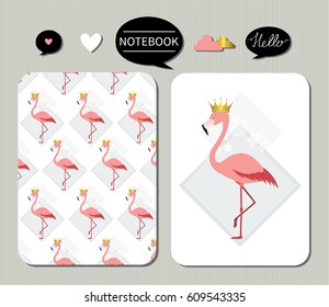 Cute pages for notes with cute flamingo. Notebooks,cards, decals, diary, school accessories. Seamless pattern under mask.