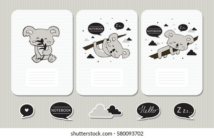 Cute pages for notes with  hand drawn koala. Notebooks,cards, decals, diary, school accessories. Set of  cards and stickers.