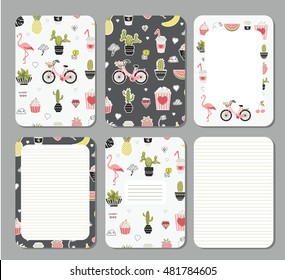 Cute pages for notes. Notebooks,cards, decals, diary, school accessories. Seamless patterns under mask.