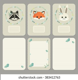 Cute pages for notes with raccoon, fox and rabbit. Notebooks,decals, diary,cards, school accessories.