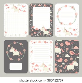 Cute pages for notes with unicorn, birds and flowers. Notebooks,decals, diary,cards, school accessories. Seamless pattern with cute unicorns, flowers, birds, clouds and herbs. Pattern under mask