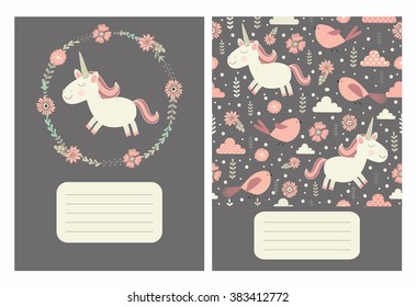 Cute pages for notes with unicorn, birds and flowers. Notebooks,decals, diary,cards, school accessories. Seamless pattern with cute unicorns, flowers, birds, clouds and herbs. Pattern under mask