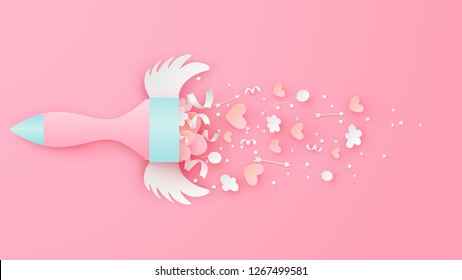 Cute Paint brush design for Valentine's Day decorated with heart, ribbon, arrow, wing, balloons, cloud. Design elements for Valentine's Day.  paper cut and craft style. vector, illustration.